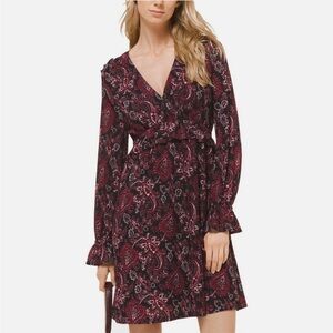 Michael Kors Burgundy Paisley Ruffle Faux Wrap Dress